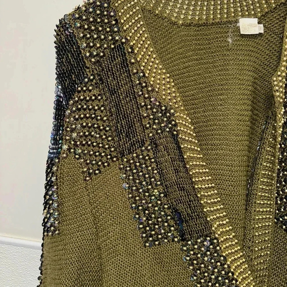 Women's Missing Tag Cardigan M Olive Green Gold Beaded Wool - Picture 5 of 16
